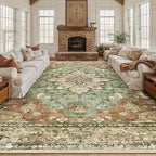 Area Rugs 10'x12' Washable Non-Slip, Floral Vintage Distress Print Pattern by RELEANY