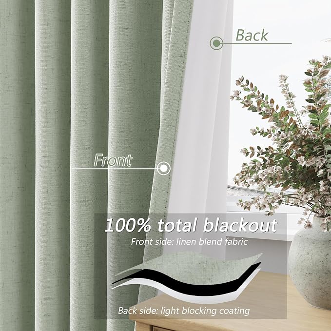 Guken Mist Sage 100% Blackout Linen Curtains 96 Inch Length 2 Panels Set - Image 4