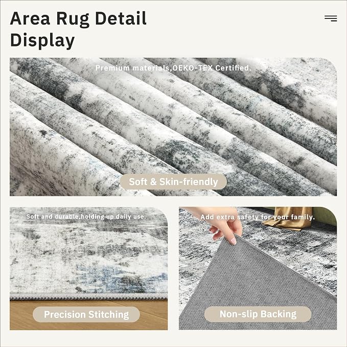 6x9 Abstract Area Rugs for Living Room 6 x 9 Washable Non Slip Low Pile Gray - Image 6
