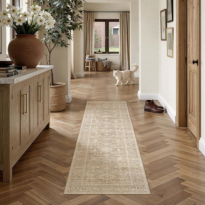 2x5 Washable Runner Rug for Hallway Kitchen Vintage Beige Non Slip Low Pile by WondRg