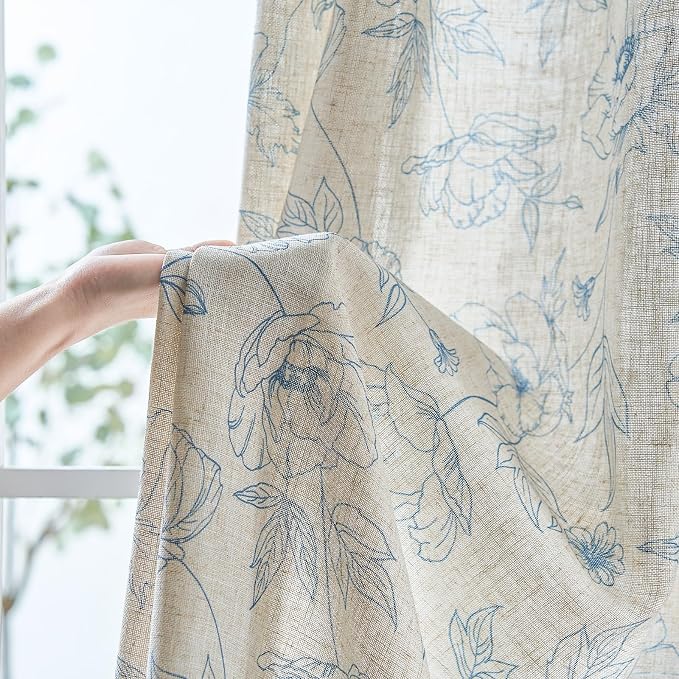 jinchan Floral Linen Curtains for Living Room 63 Inch Length Blue Flower - Image 6