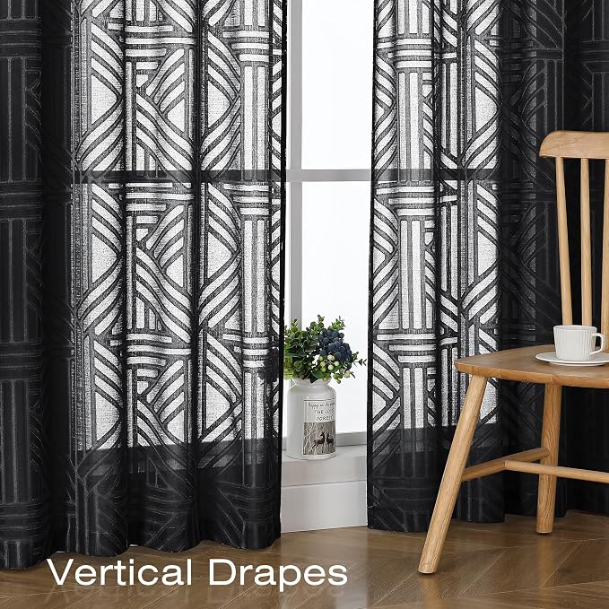 Simplebrand Black Semi Sheer Curtains 54 Inch Length 2 Panels, Geometric - Image 5