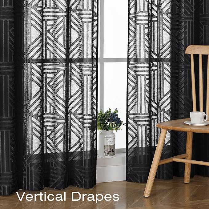 Simplebrand Semi Sheer Black Curtains 78 Inch Length 2 Panels, Geometric - Image 6