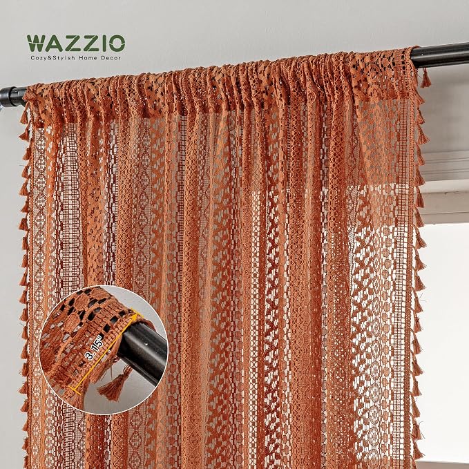 WAZZIO Boho Lace Curtains 63 Inches 2 Panel, Light Filtering Privacy Tassel & - Image 4
