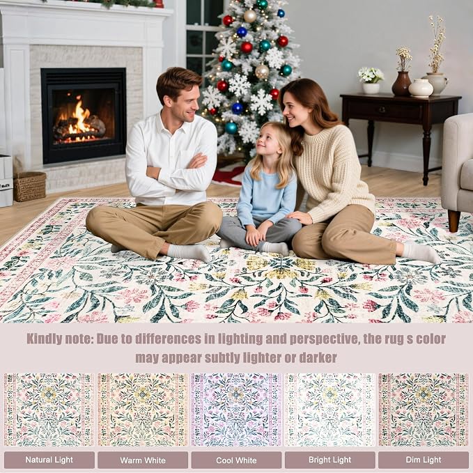 Area Rug Living Room Rugs: Floral 5x7 Washable Rug Vintage Soft Boho Non-Slip - Image 8