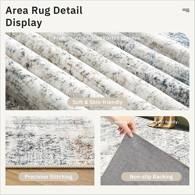5x7 Area Rugs Blue Ivory Low Pile Indoor Washable Trendy Faded Style Rugs - Image 6