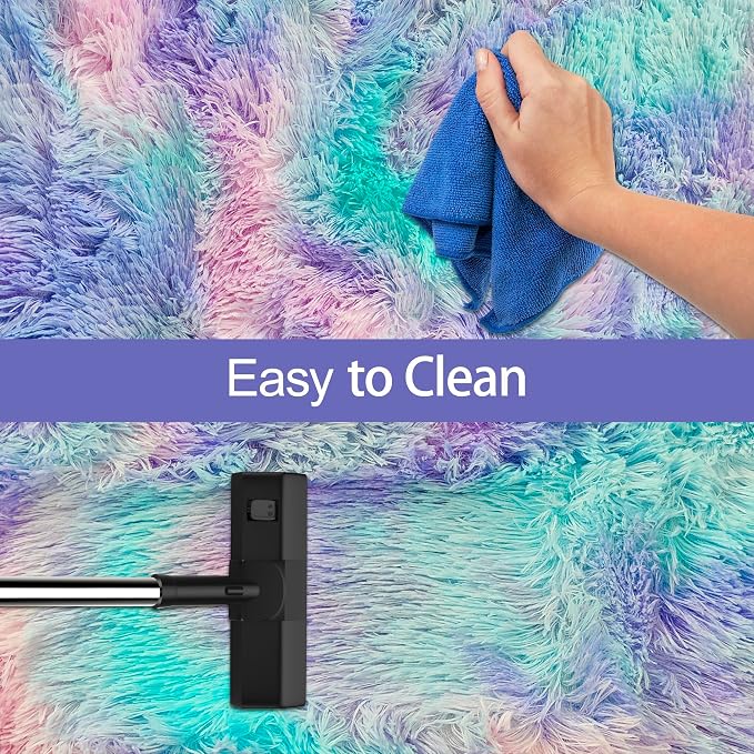 Super Soft Fluffy Living Room Area Rug 2x10 ft Purple Rainbow Tie-Dyed Shaggy - Image 7