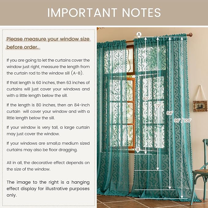 WAZZIO Boho Lace Curtains 2 Panels 63 Inch -Victorian Sheer Panel Drape French - Image 8