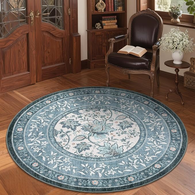GarveeHome Misty Blue Botanical Grove 5ft Round Rug, Small Circle Vintage - Image 3