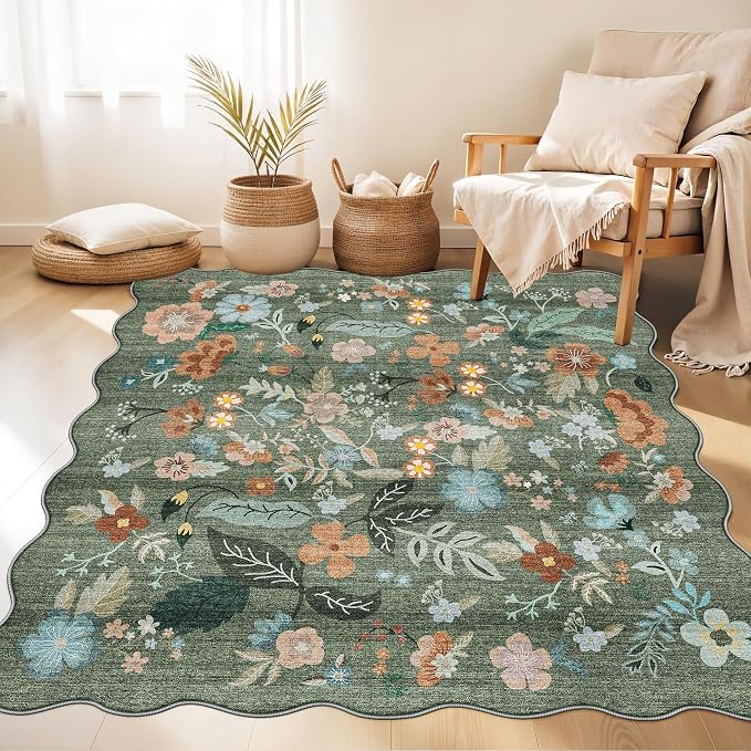 Floral Square Area Rug for Family: Washable 5x5 Scalloped Carpet for Living - Image 8
