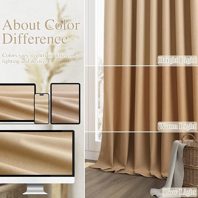 Guken Camel Brown 100% Blackout Linen Curtains 102 Inch Length 2 Panels Set - Image 3
