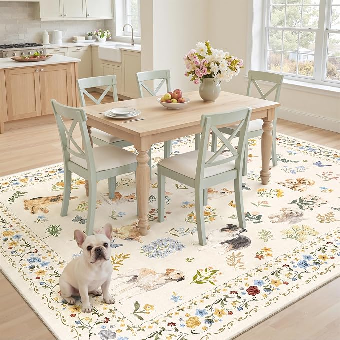 Dog 6x9 Area Rugs for Living Room, Machine Washable Animal Floral Vintage Rug - Image 2