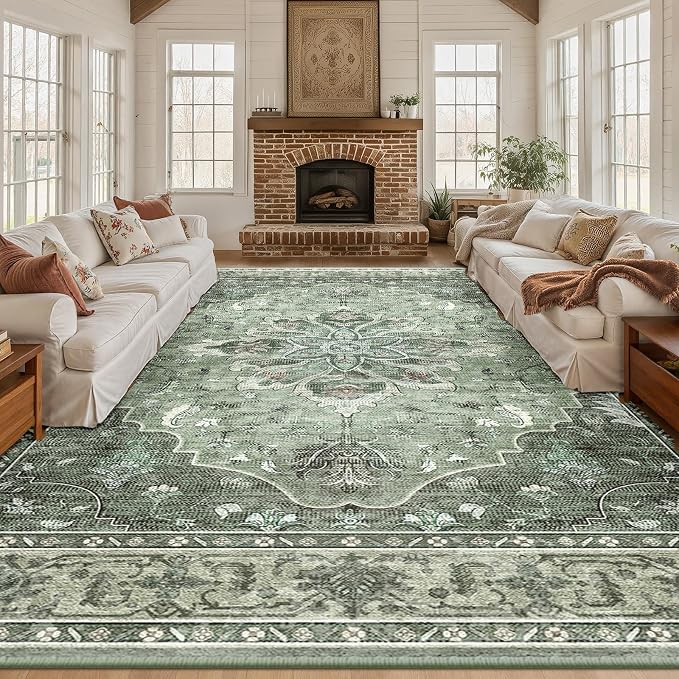 Area Rugs 10'x12' Washable Non-Slip, Floral Vintage Distress Print Pattern by RELEANY