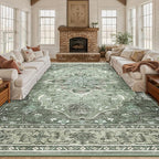 Area Rugs 10'x14' Washable Non-Slip, Floral Vintage Distress Print Pattern by RELEANY