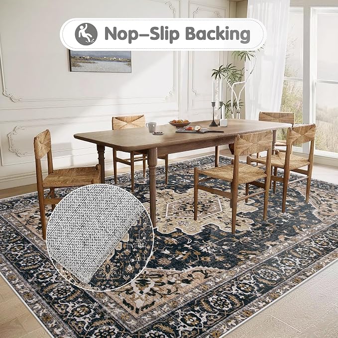 Area Rugs 6x9 Vintage Rug: Washable Living Room Rug Retro Medallion Distressed - Image 5