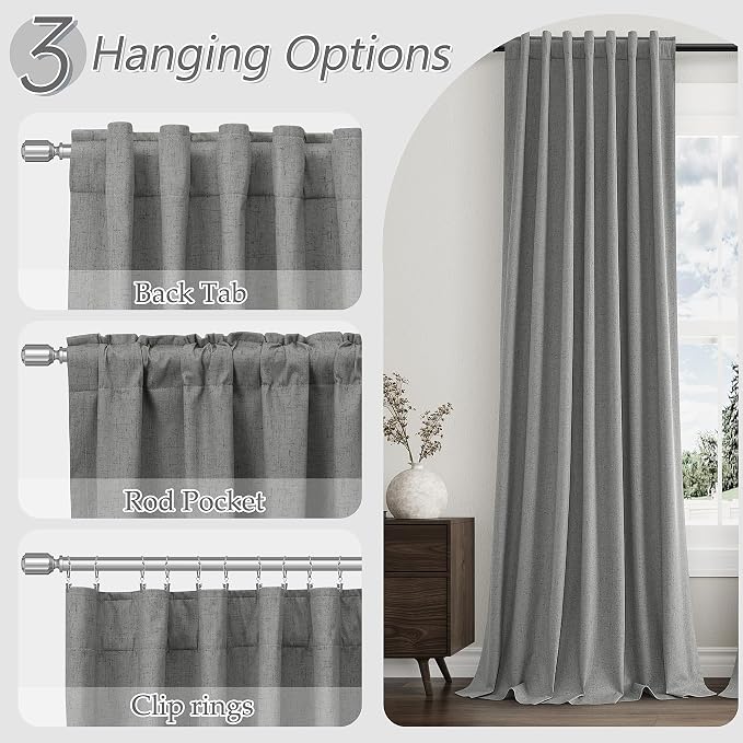 Guken Dark Grey 100% Blackout Linen Curtains 90 Inch Length 2 Panels Set - Image 6