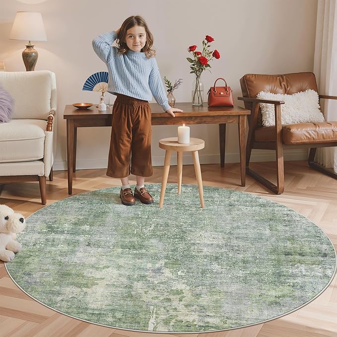 6x6 Green/Ivory Round Rug 6ft Living Room Circle Rug Vintage Round Area Rug Non - Image 3