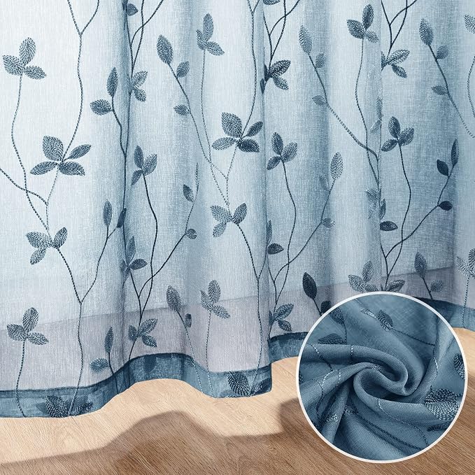 HOMEIDEAS Cyan Blue Sheer Curtains 52 X 84 Inches Length 2 Panels Embroidered - Image 3