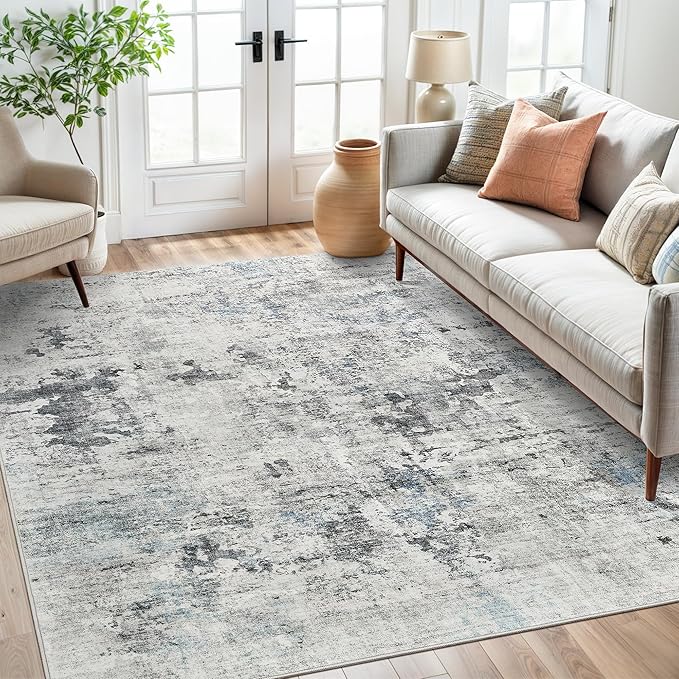 Abstract Rug 5x7 Machine Washable Area Indoor Grey Low Pile Non-Slip Foldable by Soalmost
