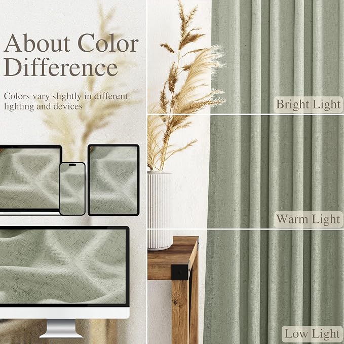 Sage Green Boho Curtains for Bedroom Back Tab Rod Pocket Semi Sheer Linen - Image 4