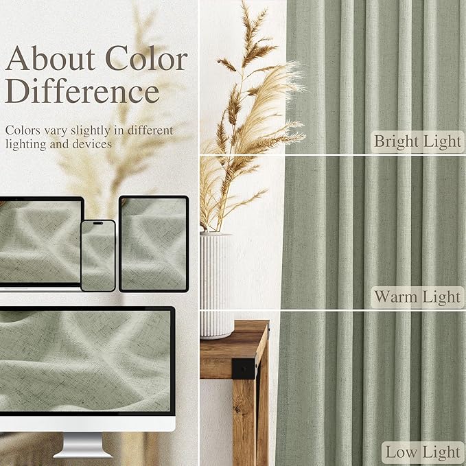 Sage Green Linen Textured 96 Inch Curtains 2 Panel Set Back Tab Rod Pocket - Image 4