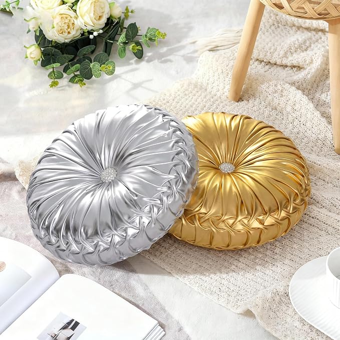 HIG Set of 2 Handcrafted Gold Ruched Round Throw Pillows – 14.5’’ Metallic - Image 8