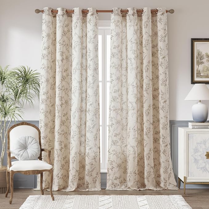 jinchan Floral Linen Curtains for Living Room 96 Inch Length Butterfly Curtain by JINCHAN