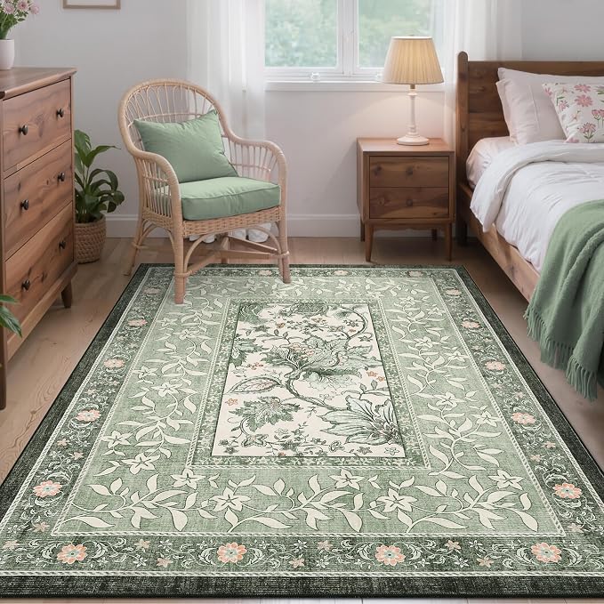 GarveeHome Provence Sage Green 3x5 Rug Washable Non-Slip Low-Pile Indoor Rugs - Image 2