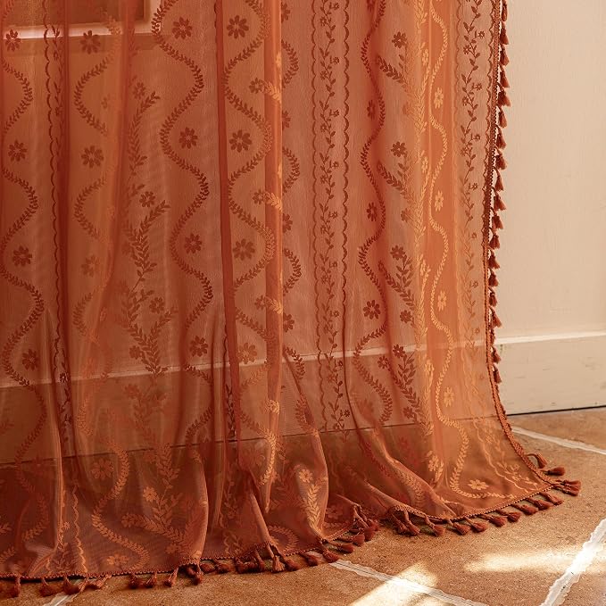 WAZZIO Boho Lace Curtains 105 Inch 2 Panels-Vintage Sheer Panel Drape Floral - Image 6