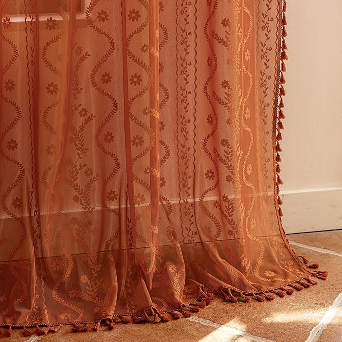 WAZZIO Boho Lace Curtains 63 Inch 2 Panels-Vintage Sheer Panel Drape Floral - Image 7