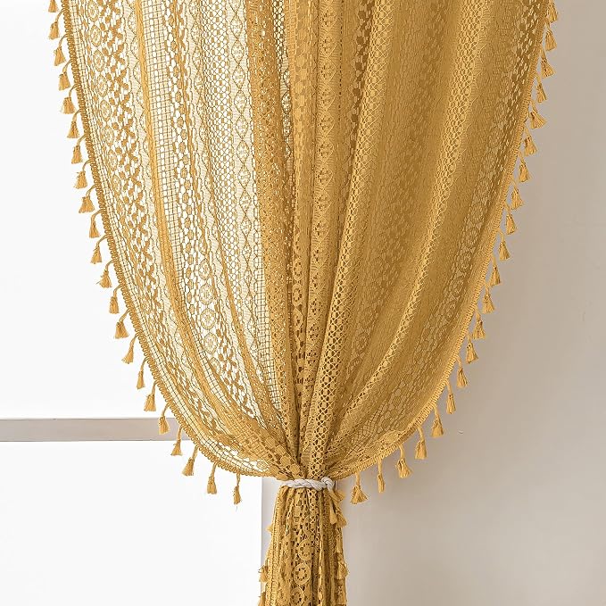 WAZZIO Boho Lace Curtains 108 Inches 2 Panel, Light Filtering Privacy Tassel & - Image 3