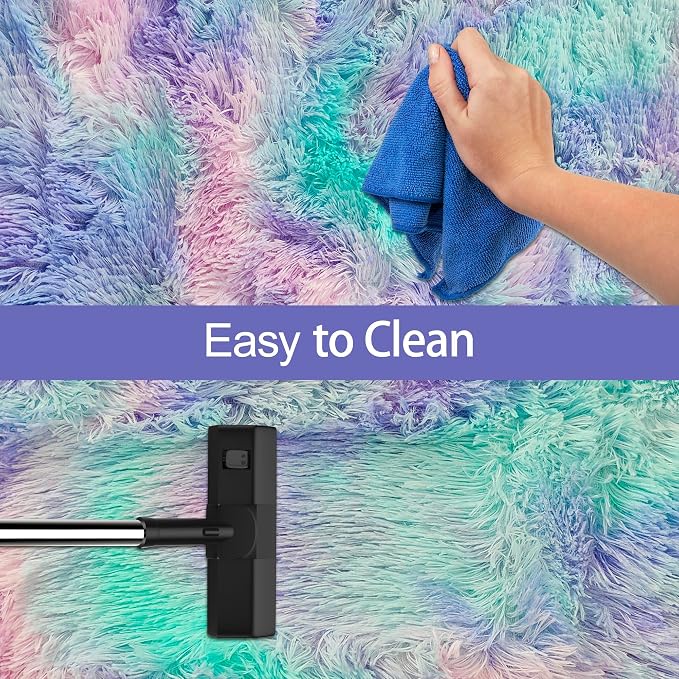 Super Soft Fluffy Living Room Area Rug 2x8 ft Purple Rainbow Tie-Dyed Shaggy - Image 7