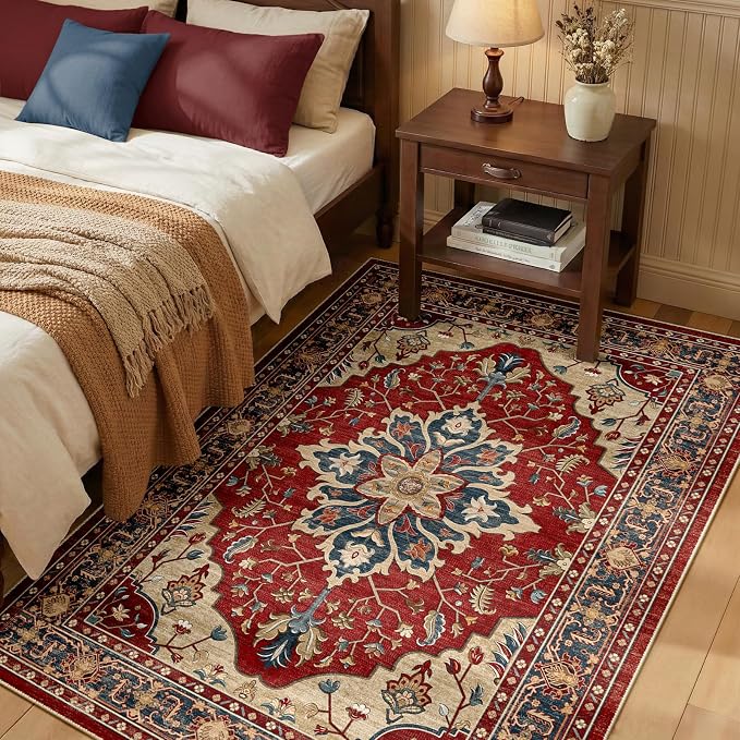 Area Rugs 3'x5' Washable Non-Slip, Floral Vintage Distress Print Pattern by RELEANY