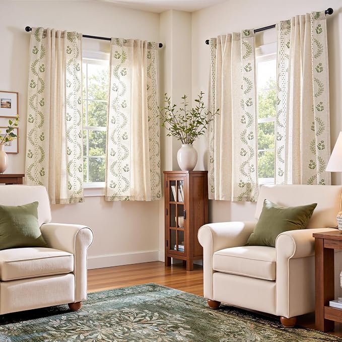 jinchan Belrose Linen Curtains for Bedroom Floral Curtains 63 Inch Length Sage by JINCHAN