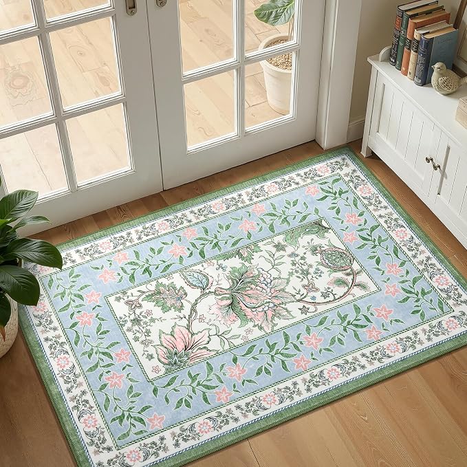 GarveeHome Blue Green Pink 2x6 Washable Kitchen Runner Rugs Non Slip Provence - Image 4