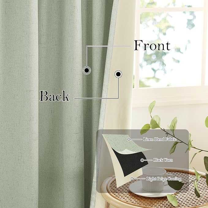 RYB HOME 100% Blackout Sage Green Linen Curtains, Extra Long Light & Heat - Image 3