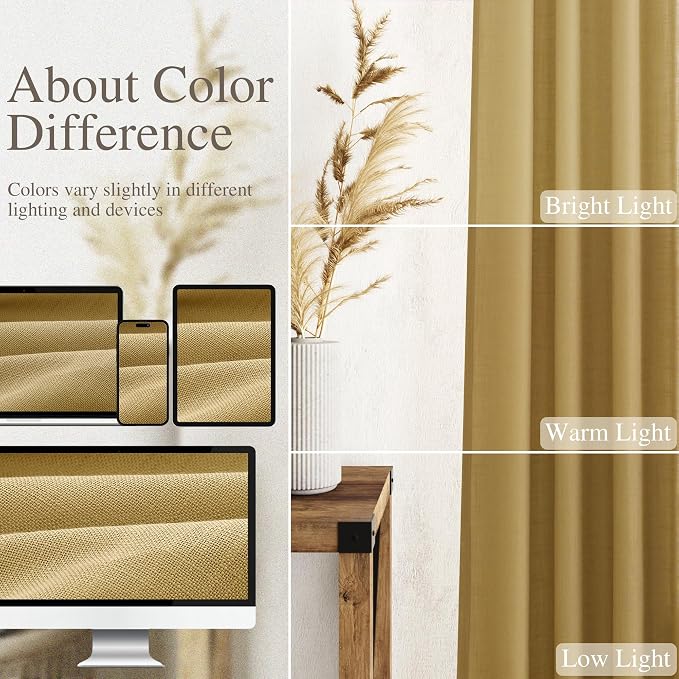 Nanspring Gold Linen Curtains Semi Sheer Gold 96 Inches Long 2 Panels Set - Image 3