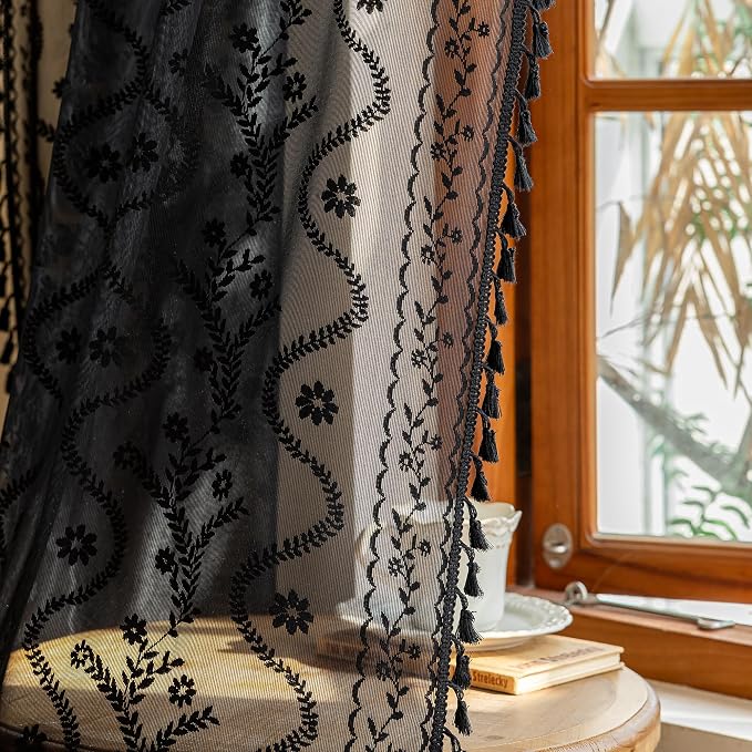 WAZZIO Boho Lace Curtains 63 Inch -Vintage Victorian Sheer Panel Drape Floral - Image 5
