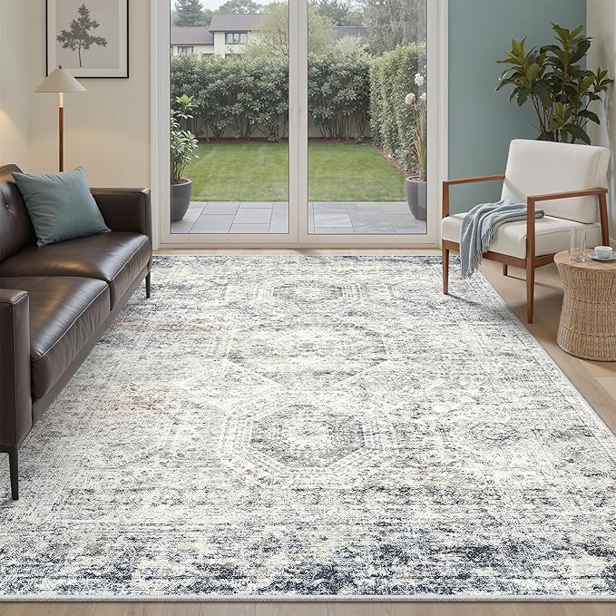 5x7 Area Rugs Blue Ivory Low Pile Indoor Washable Trendy Faded Style Rugs by Soalmost