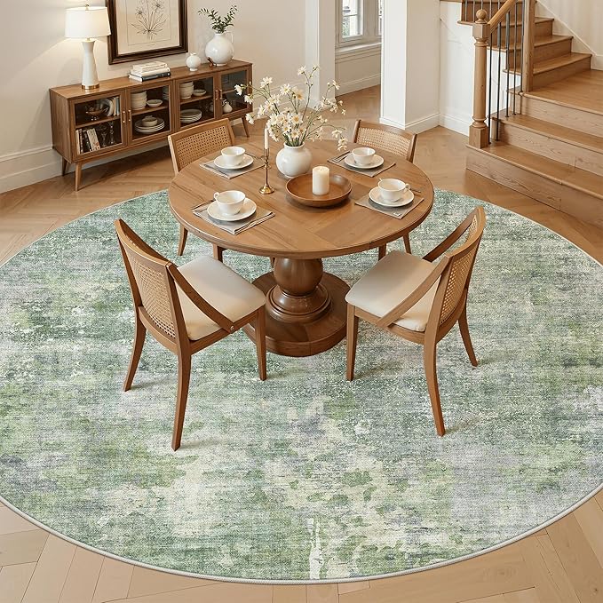 9x9 Green/Ivory Round Rug 9ft Living Room Circle Rug Vintage Round Area Rug Non - Image 4