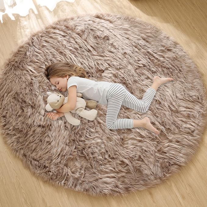ORINOVA Beige Round Cozy 4ft Shag Rug Washable Furry Soft Area Rug - Image 3