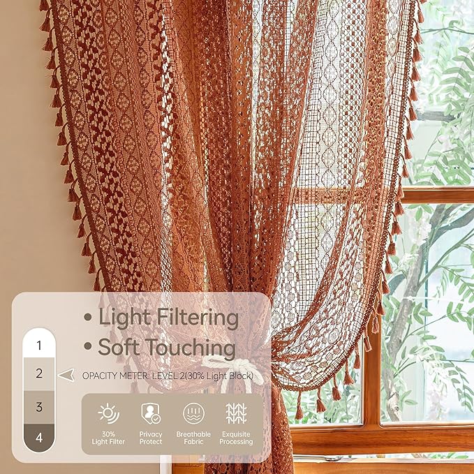 WAZZIO Boho Lace Curtains 80 Inches 2 Panel, Light Filtering Privacy Tassel & - Image 6