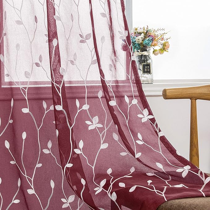 AmHoo 2 Panels Embroidered Leaf Pattern Semi Sheer Curtains Foliage Floral by AmHootextile