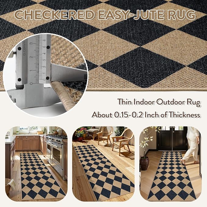 Lahome Colette Checkered Easy Jute Runner Rug, 2x8 Hallway Kitchen Runner Rug - Image 5