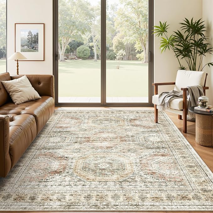 Soalmost 5x7 Area Rugs Brown Pink Low Pile Indoor Washable Trendy Faded Style by Soalmost