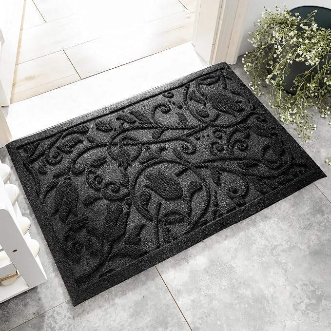 Boho Black Floral Leaves Outdoor Indoor Entrance Doormats, Absorbent Durable by VivaNest