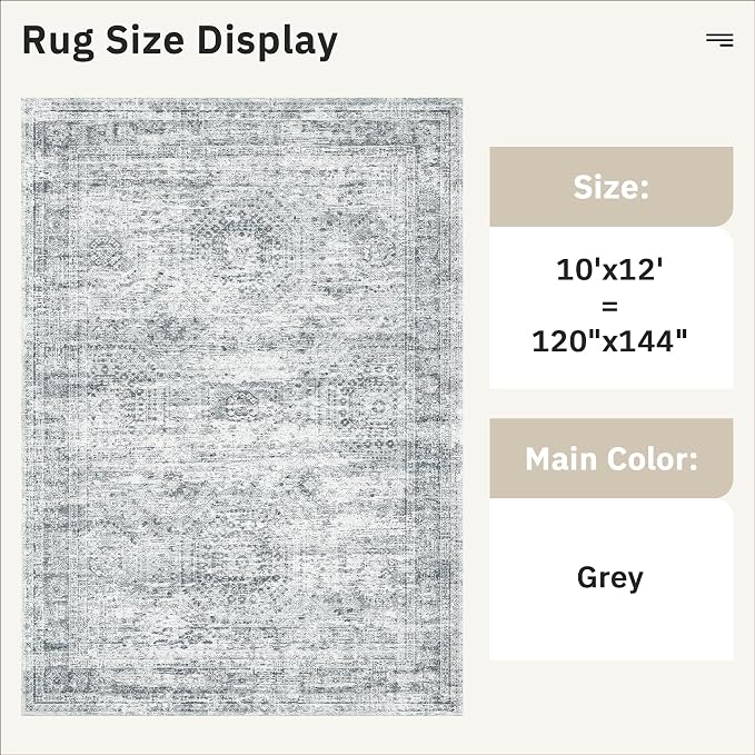 Area Rug 10x12 Vintage Washable Living Room Large Gray Carpet Non Slip Bedroom - Image 6