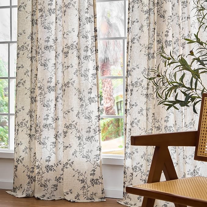 Lazzzy Farmhouse Linen Curtains Black Floral Curtains 96 Inch Length Back Tab - Image 7