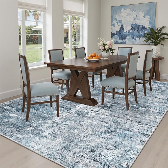 5x8 Area Rugs Blue/Grey Low Pile Indoor Washable Trendy Faded Style Rugs - Image 4