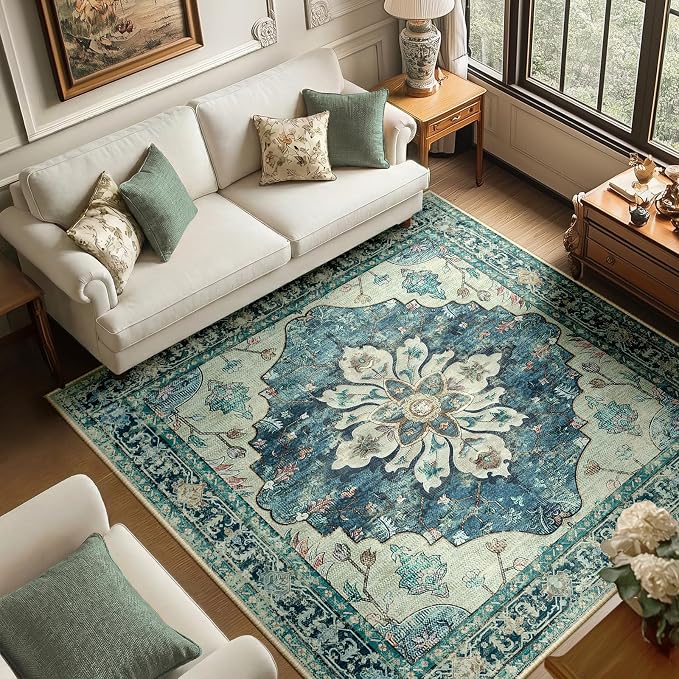RELEANY Area Rugs Square 6ft Washable Non-Slip, Floral Vintage Distress Print by RELEANY